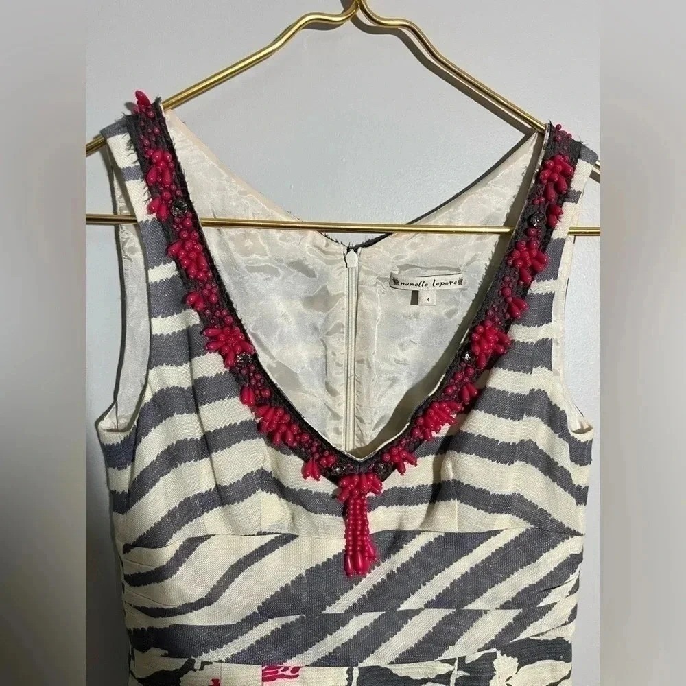 Nanette Lepore‎ Beaded V-Neck Striped Floral Sheath Dress Pink Gray Size 4 - Picture 3 of 7